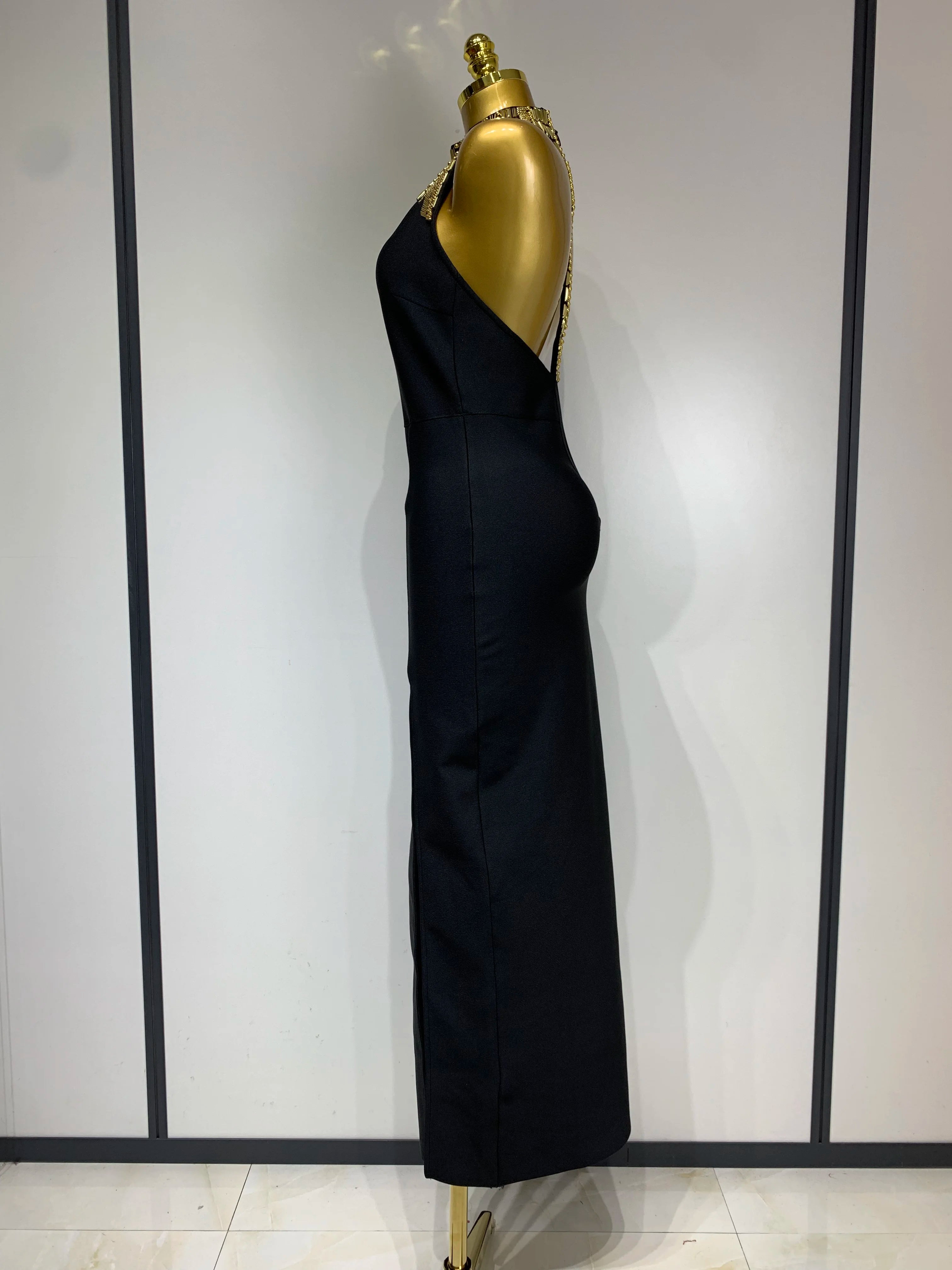 Women Fashion Celebrity Sexy Backless Beading Midi Black Bodycon Bandage Dress 2025 Elegant Evening Club Luxury Birthday Dresses