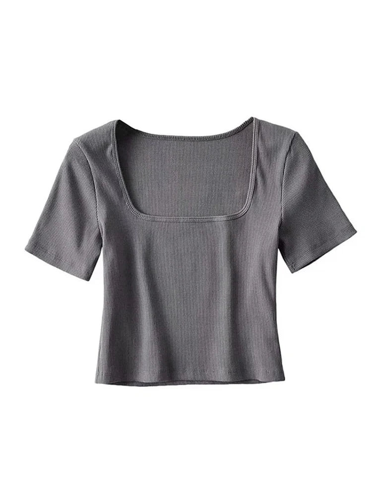 Women Square Neck Rib Crop T-shirt Short Sleeve Crop Top DarkGrey