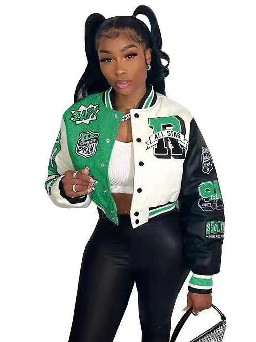 Overcoat Casual Letter Print Patchwork Jacket Round Neck Regular Fit Blazer Women Y2k Style Fall Coat Autumn Winter Short Jacket Green