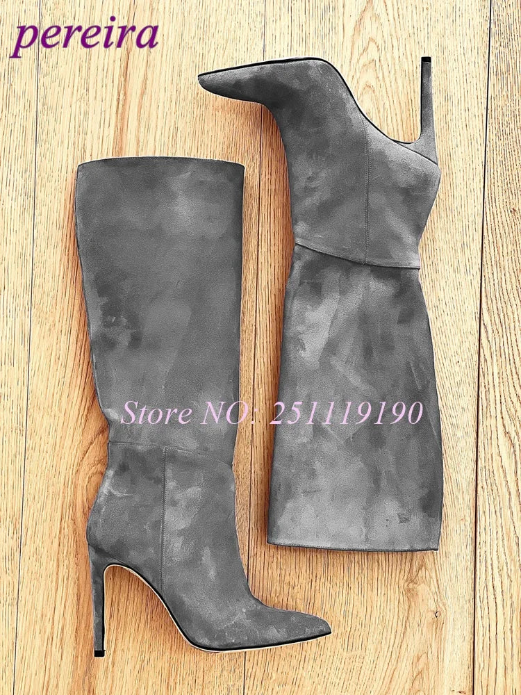 Royal Blue Boots Suede Pointed Toe Botas Women Luxury Designer Shoes Winter 2025 Pull On Slip On Stiletto Knee-high Booties New