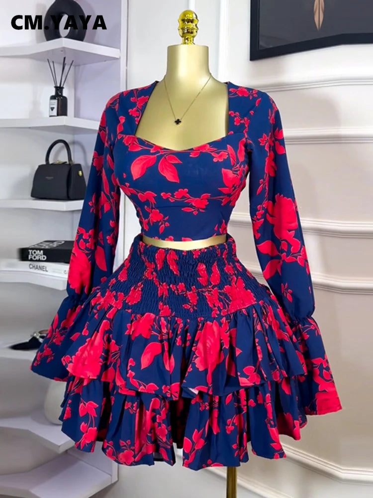 CM.YAYA Beach Women Set Street Print Long Sleeve Shirts + Pleated Ruffles Mini Skirts Suits 2025 Party Street Two 2 Piece Sets