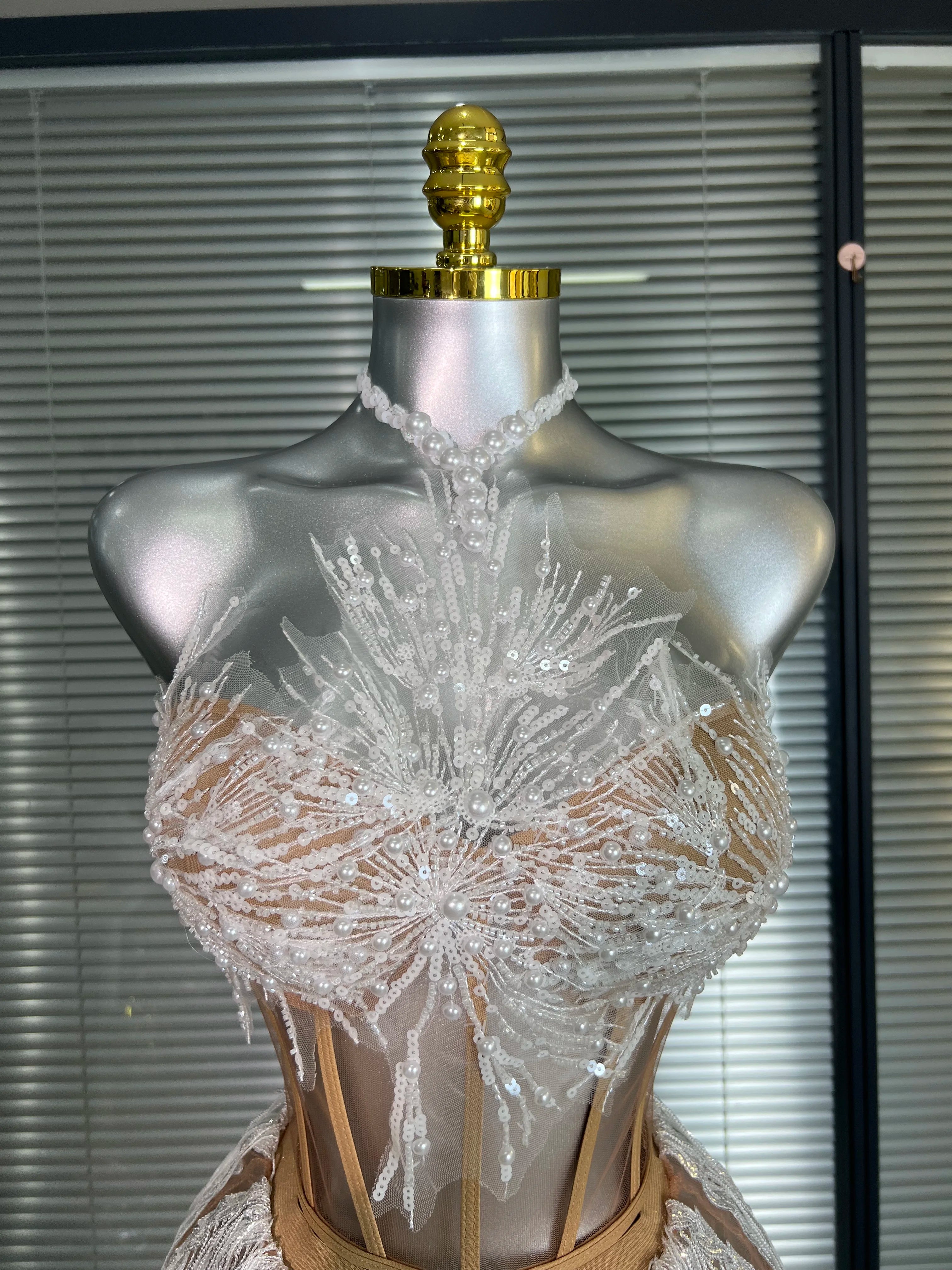 Women Sexy Sequins White Sparkly Two Pieces Set Shinning Fancy Night Club Skirt Suits Singer Dancer Stage Costume