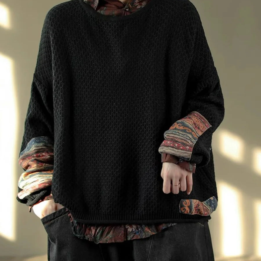 Vintage Print Patchwork Sweater Spring Fall Fashion Women's Loose Casual Long Sleeve Knitting Pullovers Female Elegance Knitwear