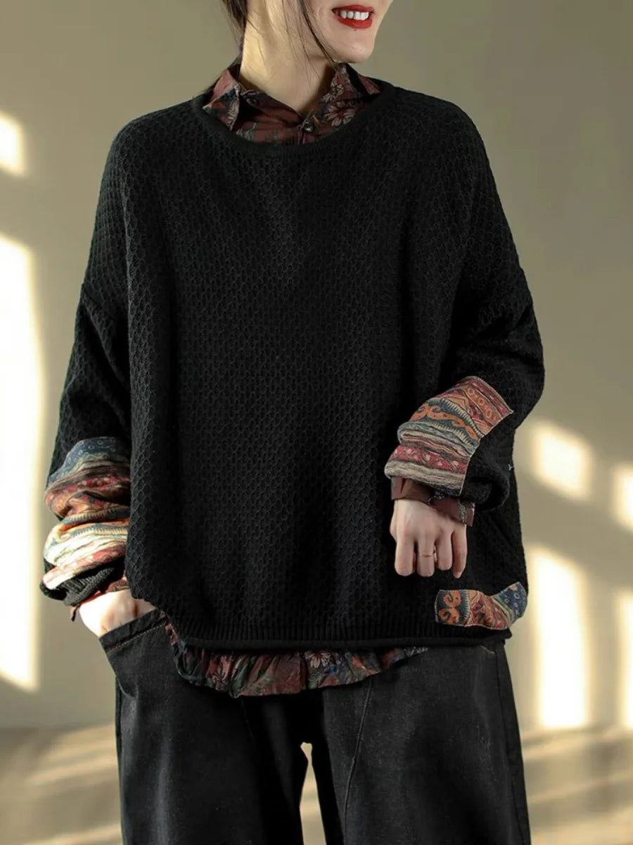 Vintage Print Patchwork Sweater Spring Fall Fashion Women's Loose Casual Long Sleeve Knitting Pullovers Female Elegance Knitwear
