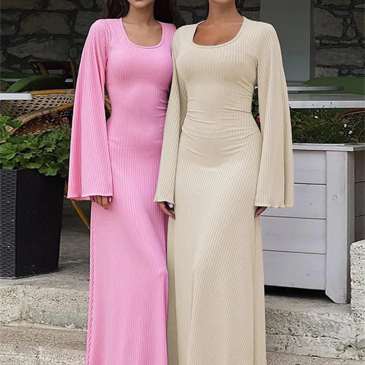 Tossy Scoop Neck Lace-Up Ribbed Maxi Dress Female Long Sleeve Fashion Slim Loose Bandage Dress Autumn 2024 Solid Women Dress New