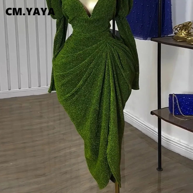 CM.YAYA Women Long Sleeve Strapless Ruched Mini Midi Dress 2025 Summer Evening Vacation Birthday Party Vestidos Sexy Dresses