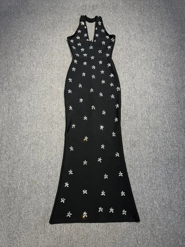 Women Sleeveless Sexy Halter Off the Shoulder Shinning Crystal Bodycon Long Bandage Dress Celebrate Evening Outfit