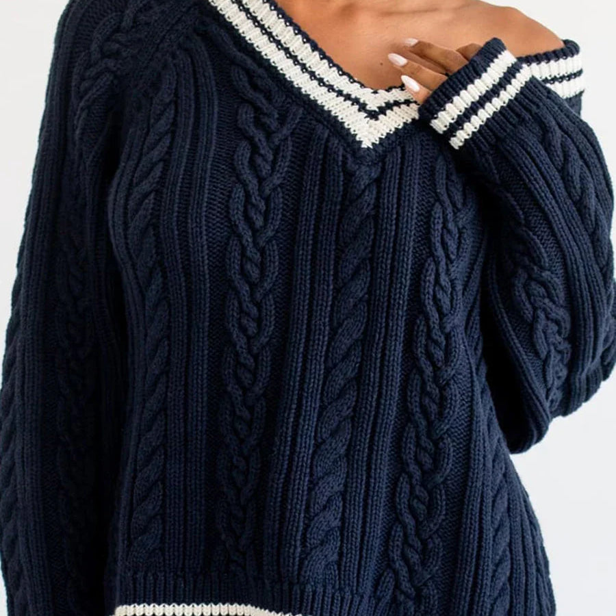 Women Cable Knitted Contrast Trim V Neck Sweaters Y2k Vintage Long Sleeve Pullover Striped Loose Preppy Jumper Top Streetwear