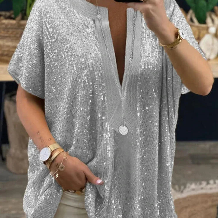 Women Blouses and Tops Large Size Designers Summer Short Sleeve V Neck Sequin Splic Long Shirts Womans Clothing