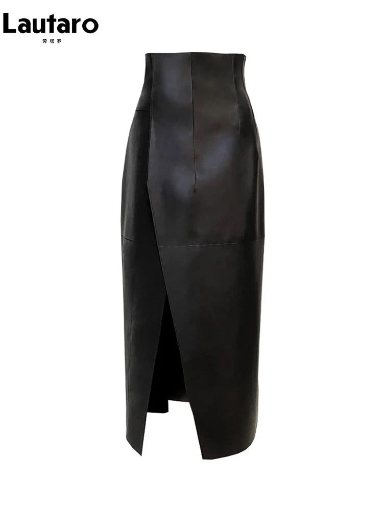 Spring Autumn Long Sexy Patchwork Pu Leather Midi Skirt Women with Slit High Waist 2024 Luxury Designer Clothes Fashion