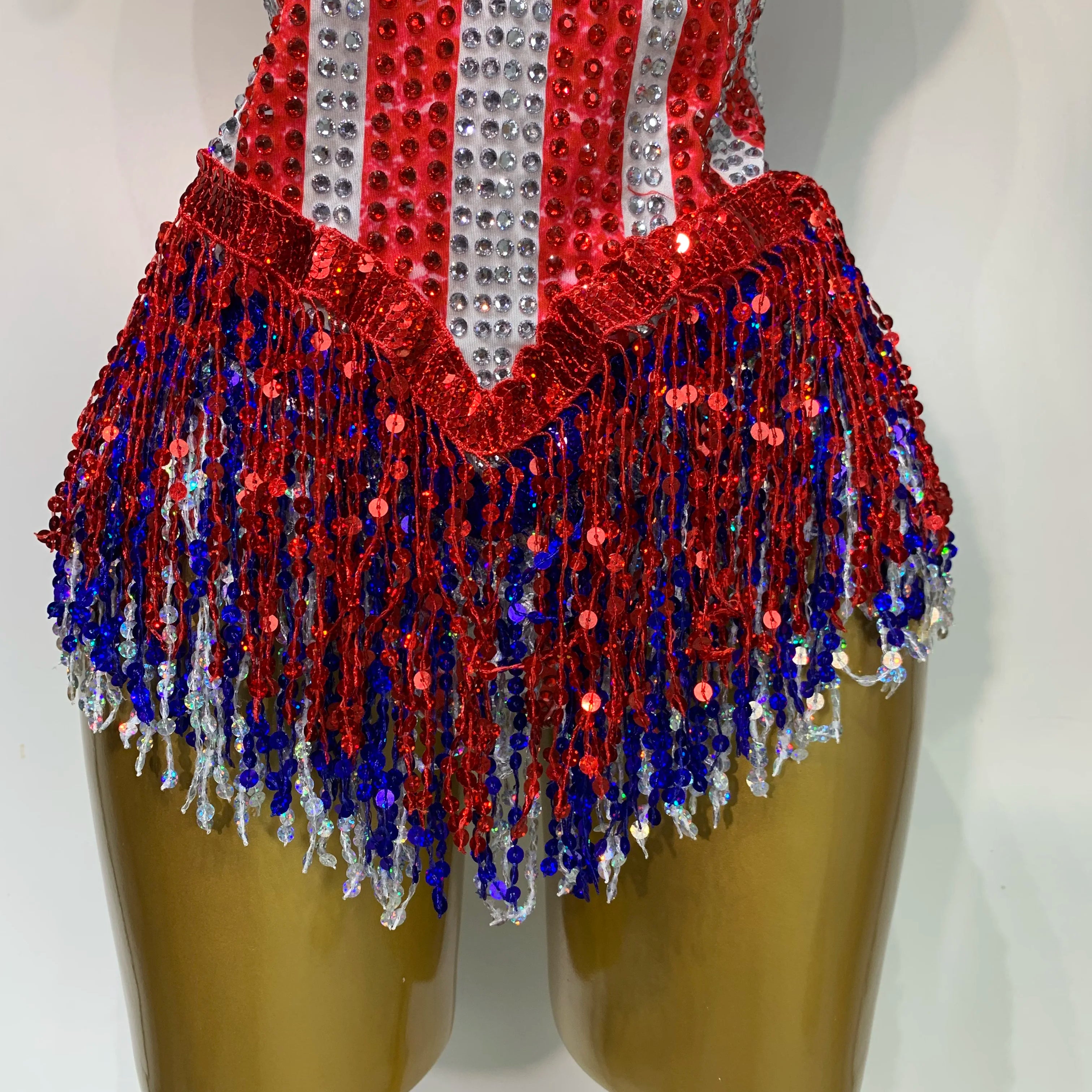 Shiny Rhinestones Tassel Bodysuit Performance Dance Singer Costume Evening Party Nightclub Stage Leotard Cheerleading Outfit