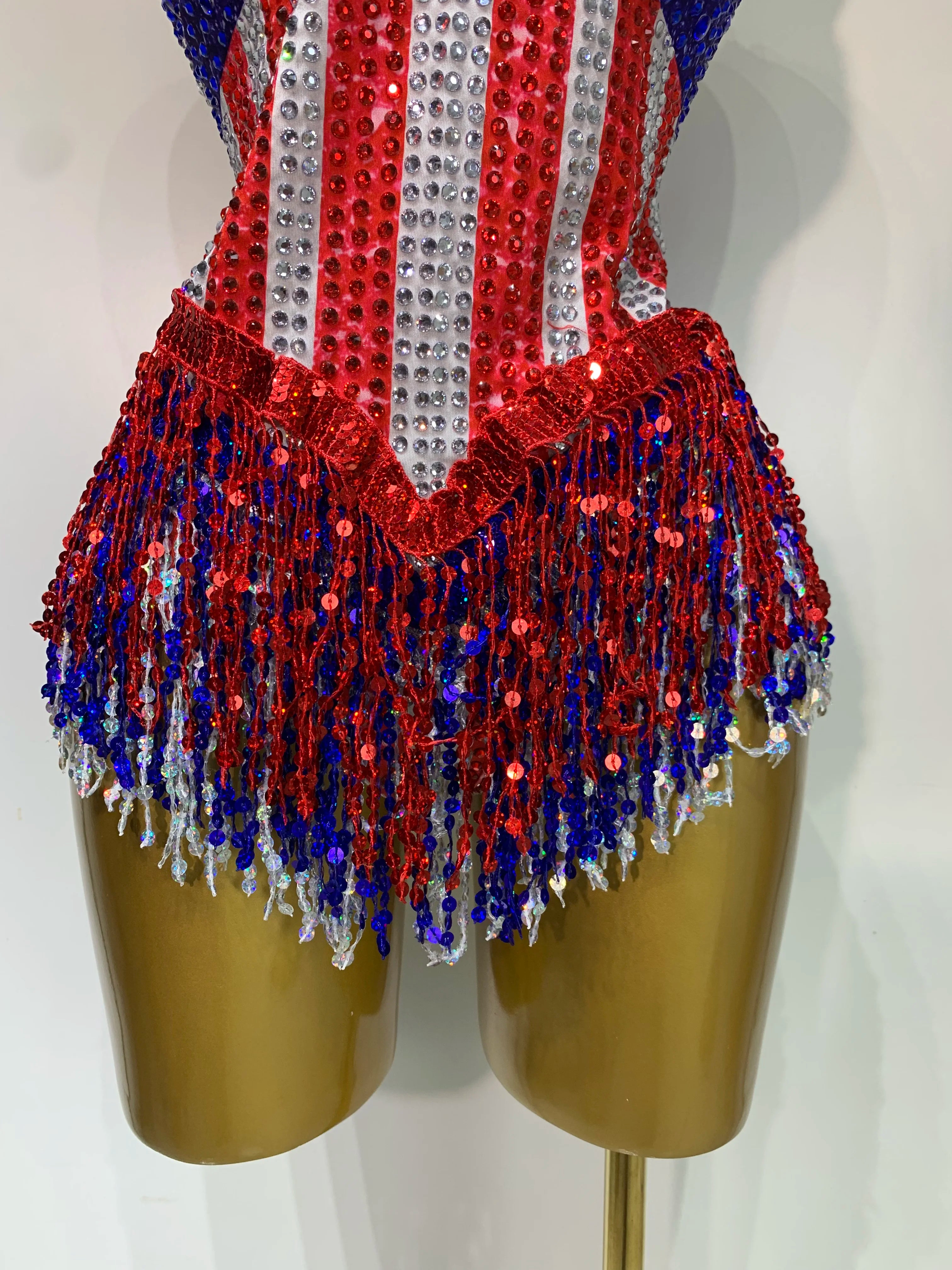 Shiny Rhinestones Tassel Bodysuit Performance Dance Singer Costume Evening Party Nightclub Stage Leotard Cheerleading Outfit