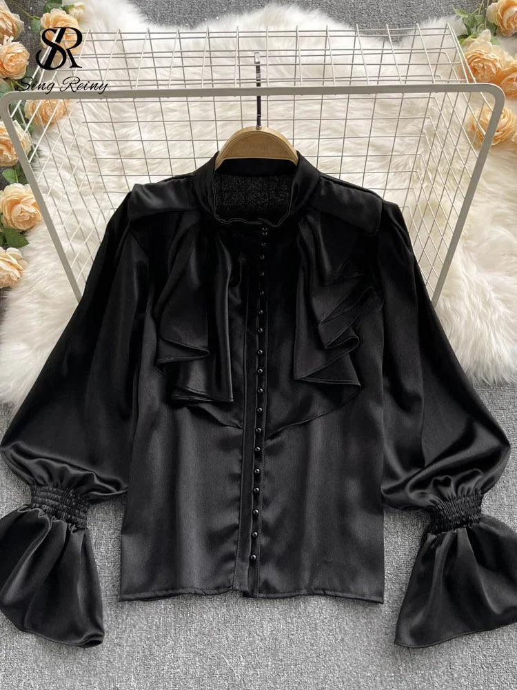 Satin Loose Shirt Long Flared Sleeves Ruffles O Neck Beading Women Gentle Office Lady Casual Blouse