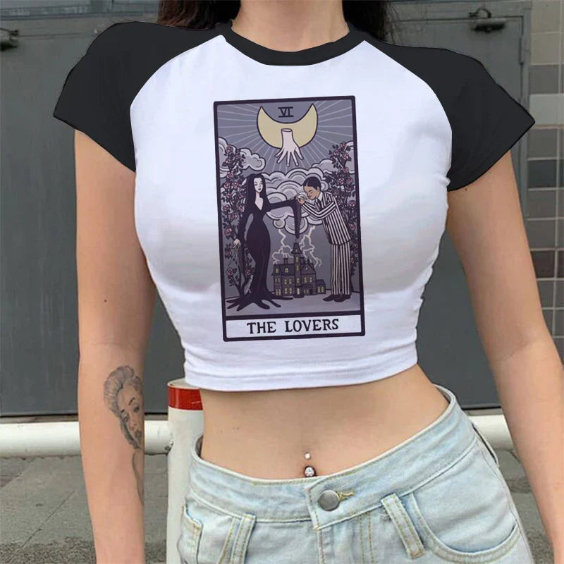 Lady Fashion Women Short Sleeve Summer Harajuku Crop Top Clothes Tshirt Female Tarot Print Cute Lovely Casual Aesthetic T-Shirt