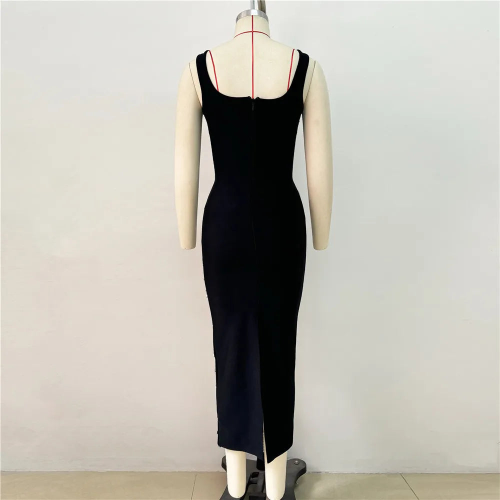 High Quality Big Crystal Women Sleeveless Sexy O-Neck Bodycon Long Bandage Dress Fashion Evening Party Cocktail Dress Vestido
