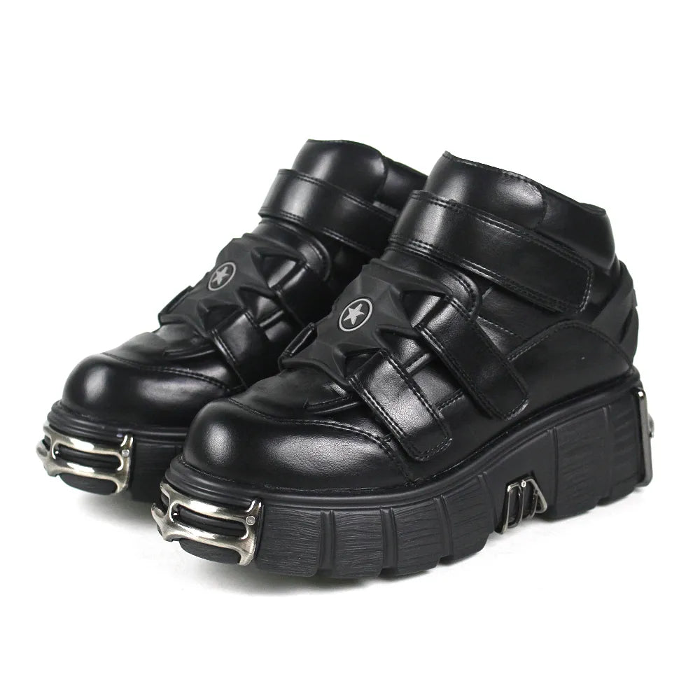 U-DOUBLE Brand Punk Style Women Shoes Lace-up heel height 6CM Platform Shoes Woman Gothic Ankle Boots Metal Decor Woman Sneakers HT303BLACK