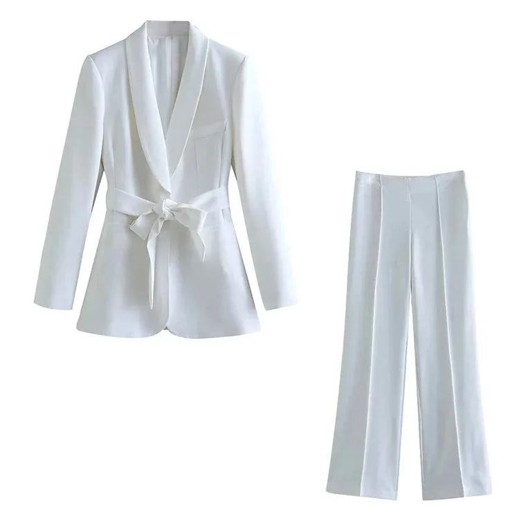 TRAFZA Women's Casual Blazer Chic Outerwear Elegant Flared Trousers Long Sleeve V-Neck Belted Office Commuter Suit Set White Set-O58