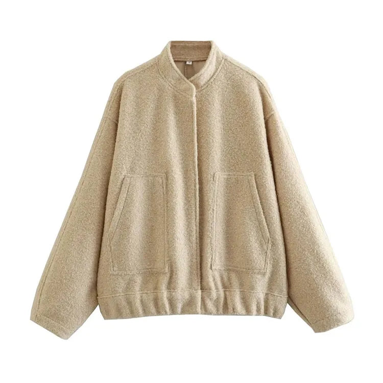 Women Fashion With Pockets Oversized Bomber Jacket Coat Vintage Long Sleeve Snap Button Female Outerwear Chic Tops as picture 5