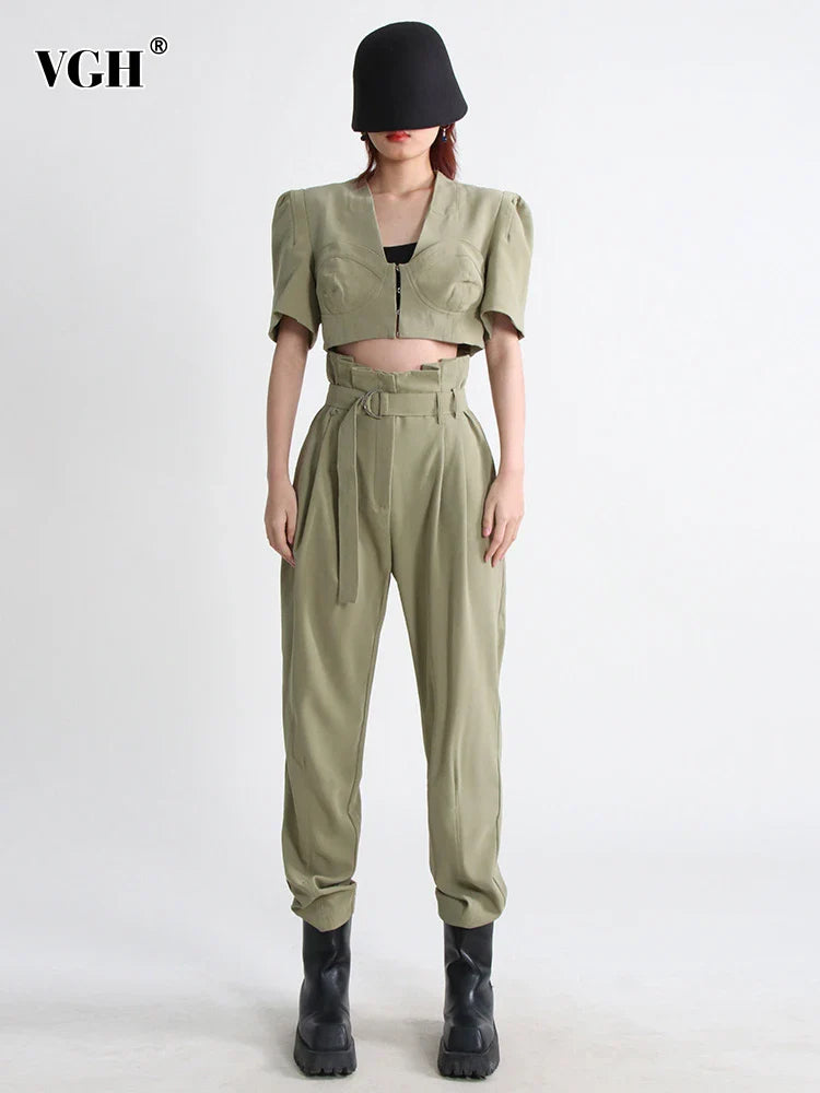VGH Slim Two Piece Sets For Women V Neck Short Sleeve Crop Tops High Waist Spliceed Belt Wide Leg Pants Casual Set Female 2023