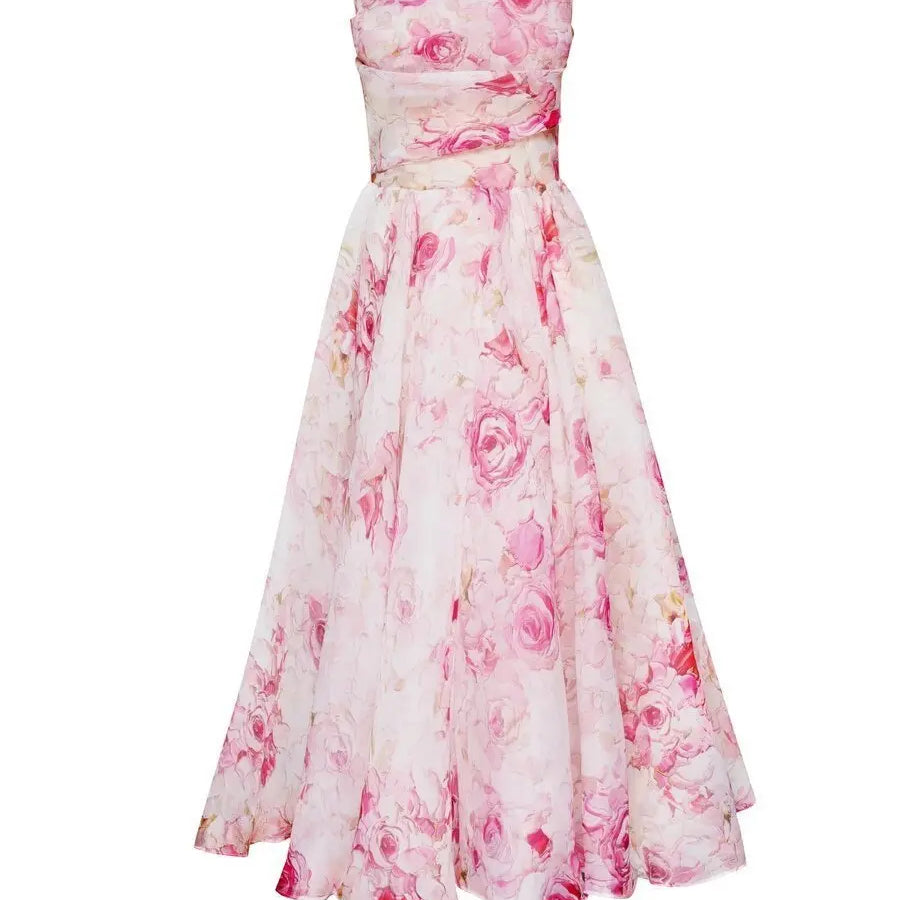 Bridal Luxury Evening Dresse Slim Fit Slash Neck A-LINE Sleeveless Ankle-Length Print Sling Chiffon Dress Women Pink