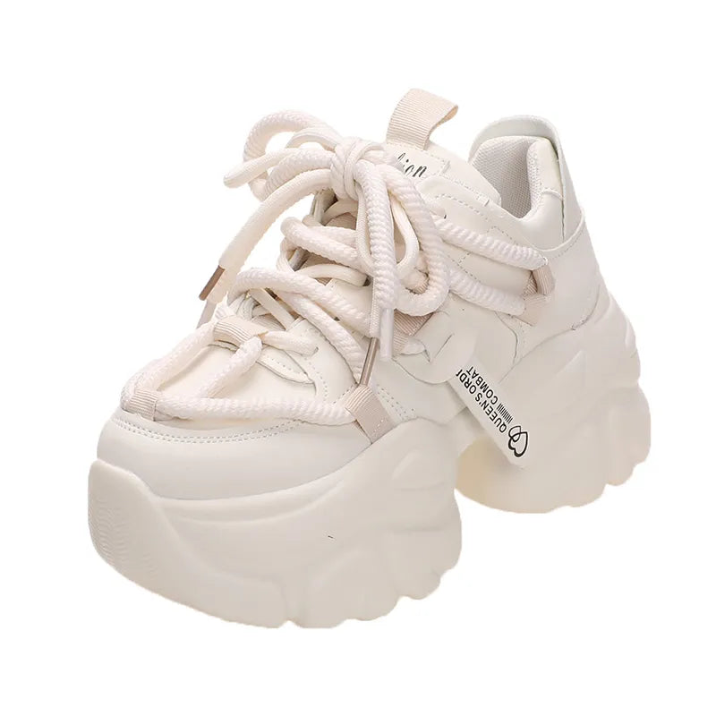 Women High Platform Sneakers 2023 New Autumn Breathable Chunky Dad Casual Shoes 7.5CM Thick Sole Trainers Leather Sneakers Woman Beige