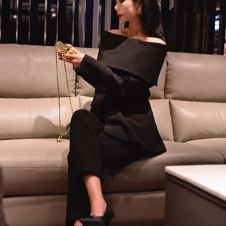 TWOTWINSTYLE Slash Neck Chic Blazers For Women Off Shoulder Long Sleeve Patchwork Single Button Solid Coat Female Clothes 2022