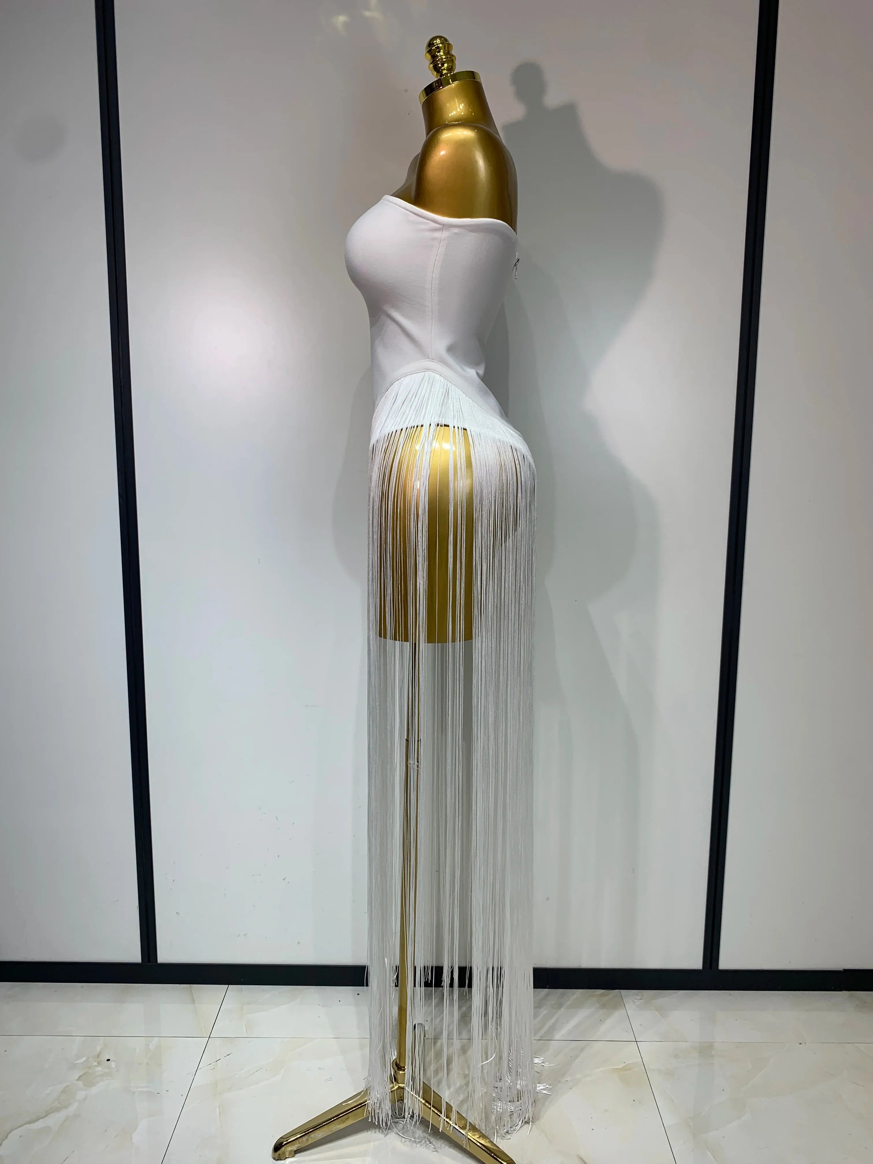 Women Sexy White Elegant Strapless Long Tassels Bandage Bodysuit Evening Party Luxury Birthdy Nightclub Singer Stage Outfit