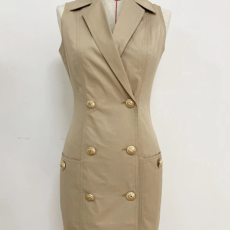 Top Quality Newest Stylish Summer Designer Women's Sleeveless Notched Collar Double Breasted Lion Buttons Mini Cotton Dres