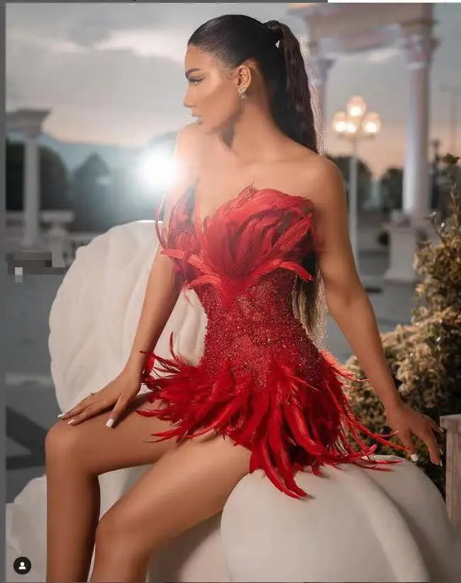 Luxurious Spring Red Color Women Strapless Feathers Bodycon Mini Dress Celebrate Birthday Cocktail Party Dress
