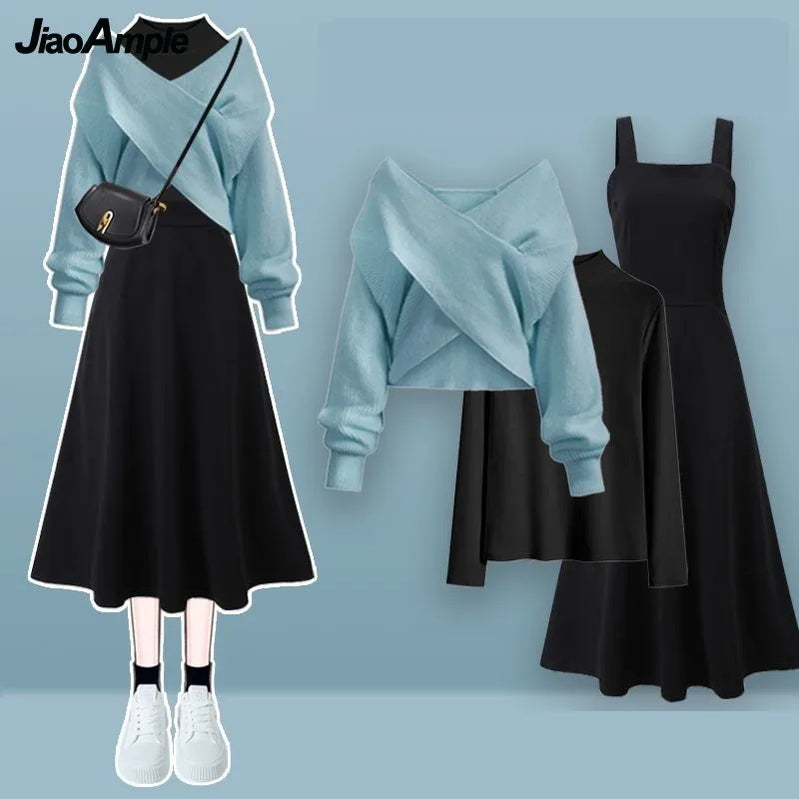 Autumn/Winter New Korean Elegant Matching Set Women's Fashion Cross Knit Sweater+Bottom Shirt+Strap Dress Three Piece Suit