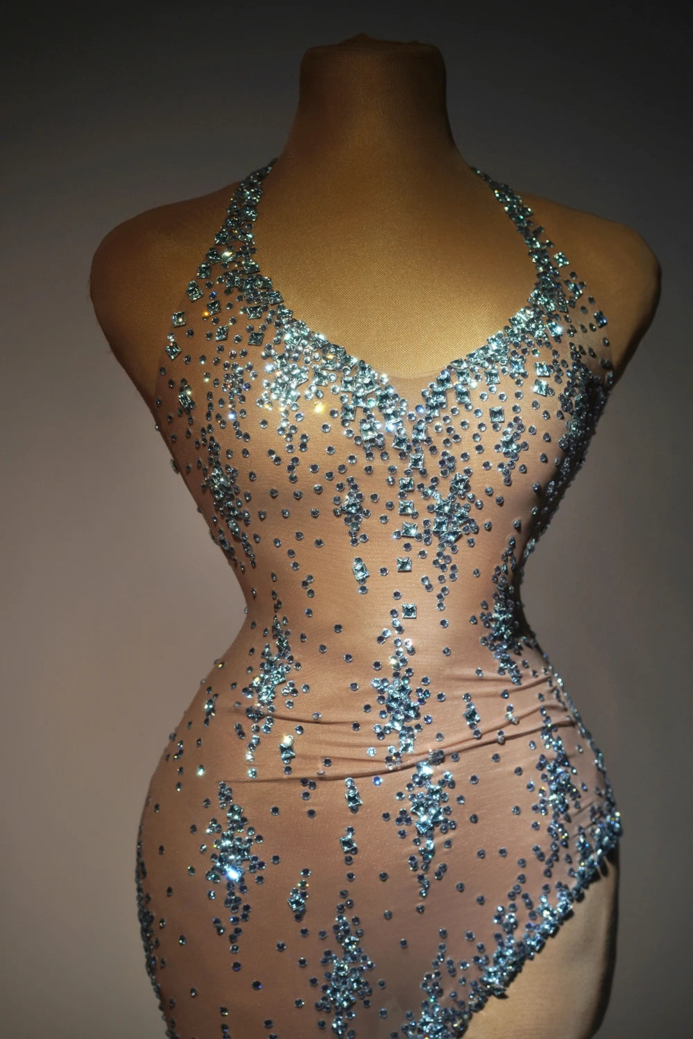 Nightclub Mini Dress Singer Stage Performance Wear Bar Party Asymmetrical Dress Sparkly Rhinestones Sleeveless Mesh Dress Xinghe