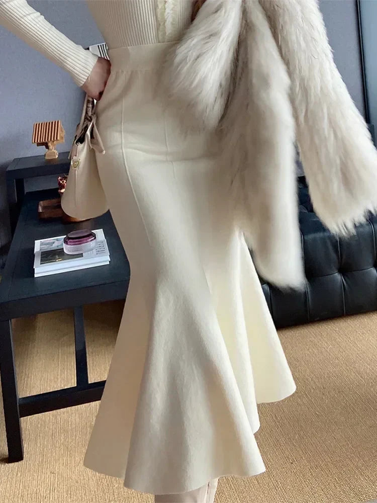 Women's Skirts Autumn Winter Fashion Knitted Long Skirts for Women Green Vintage Slim Korean Style A-LINE Fishtail Skirt