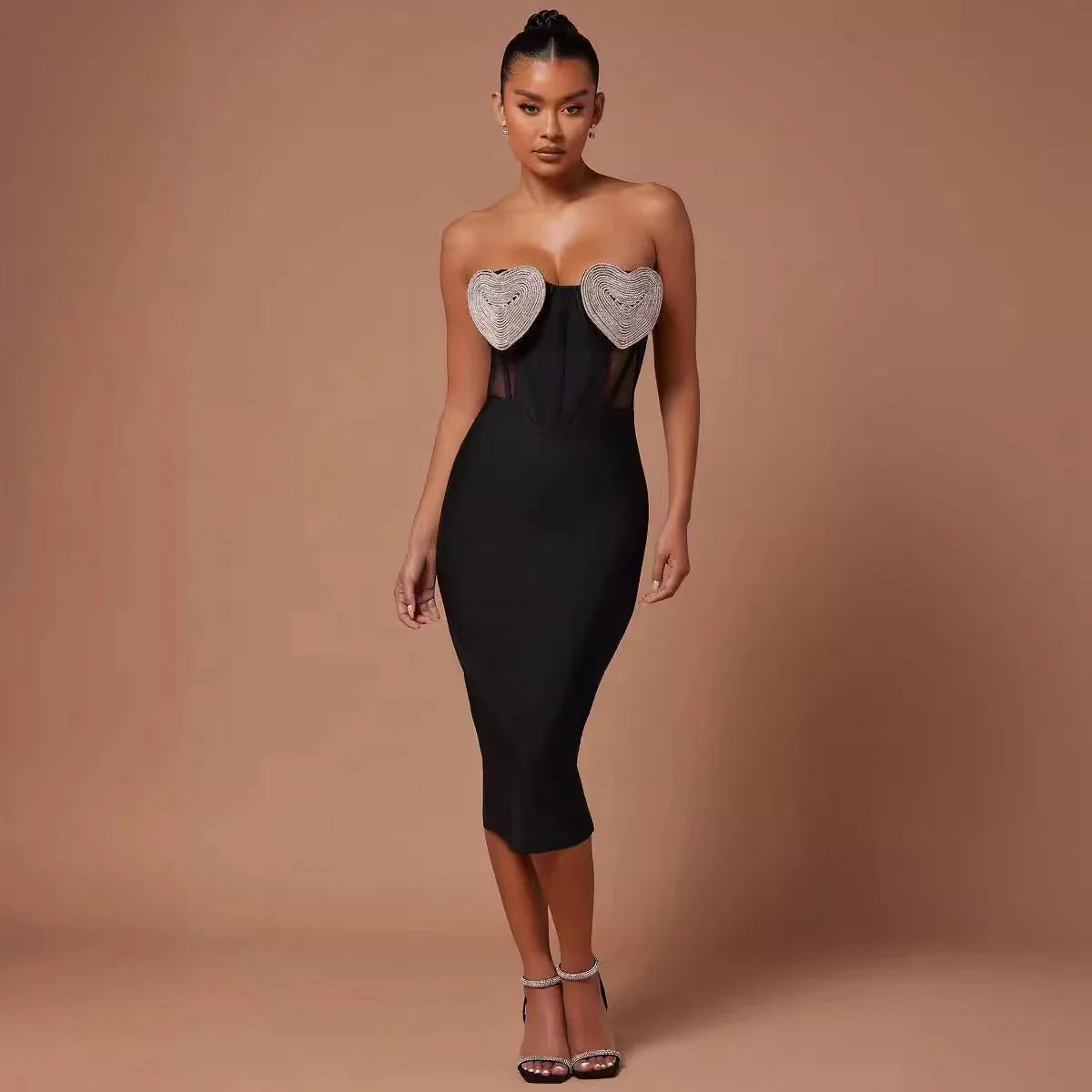Women Sexy Off the Shoulder Heart Diamond Strapless Bodycon Midi Bandage Dress Nightclub Party Celebrate Outfit