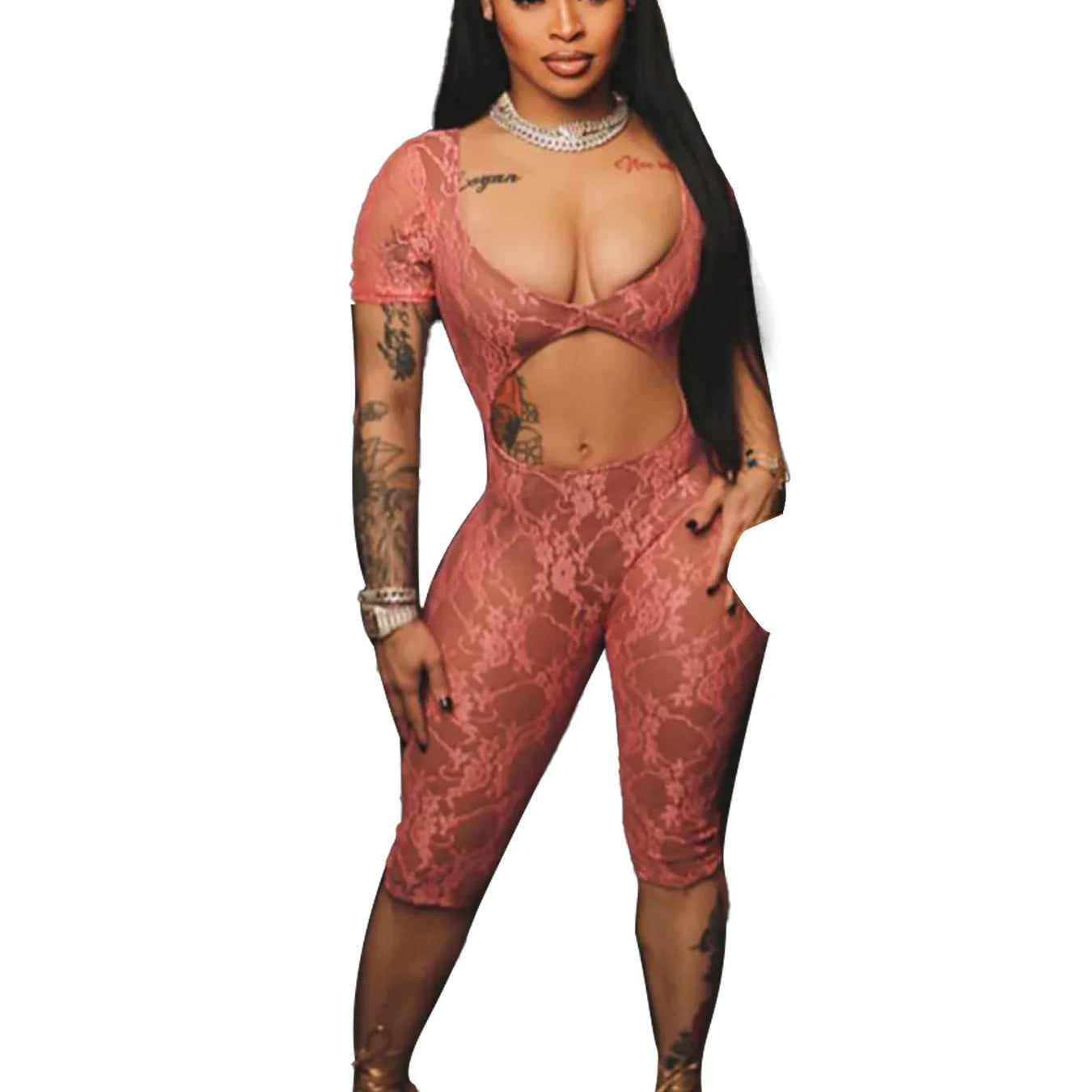 CM.YAYA 2024 Spring Short Sleeve Backless Women Lace Hollow Out Casual Rompers Playsuit Short Jumpsuits V-neck One Piece Outfits