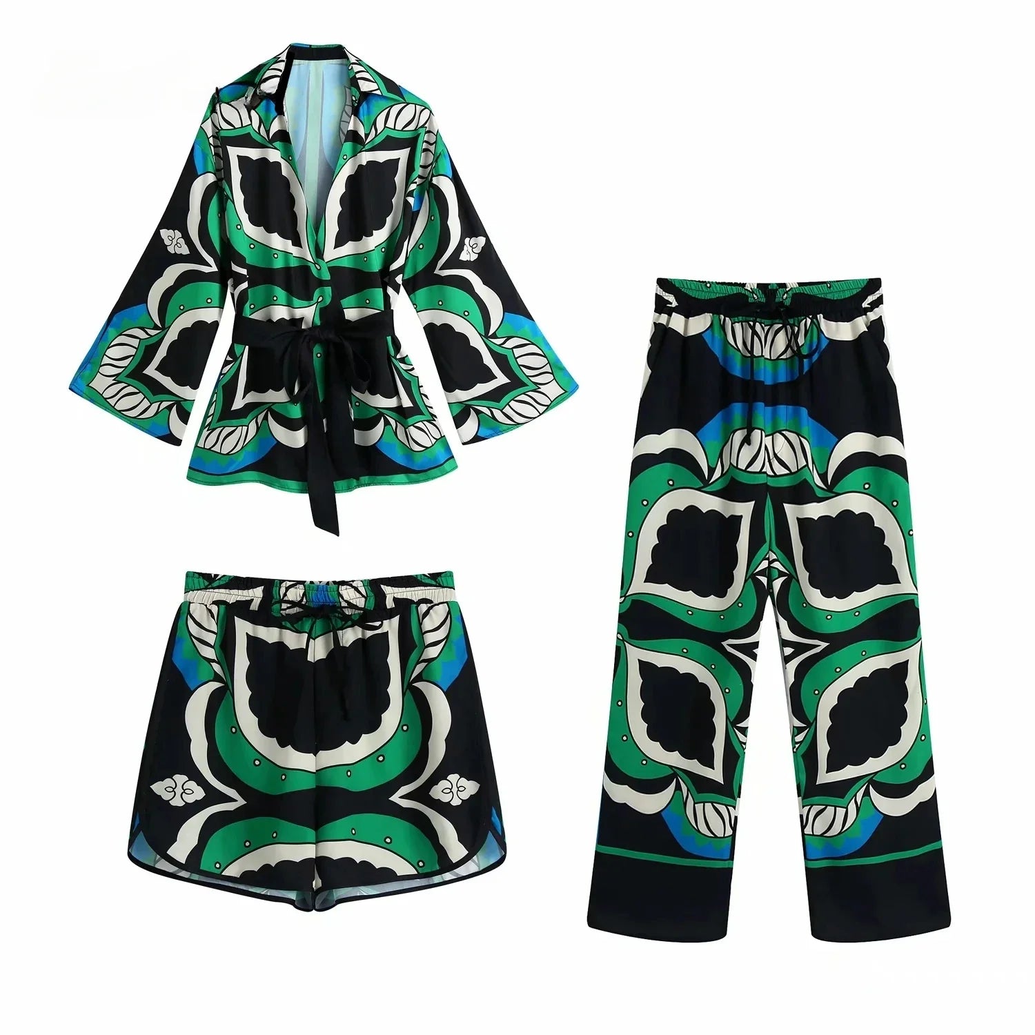 Foridol Oversized Green Print Boho Women Shorts Sets Shirts Shorts Pants Three Pieces Fashion Suits Matching Sets Summer