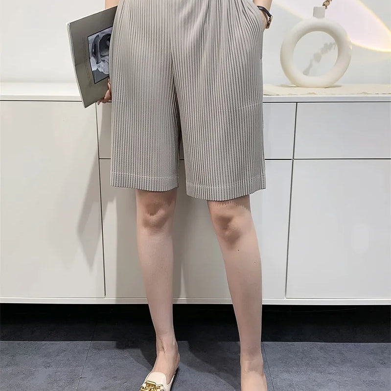 Miyake Pleated Spring Summer Loose Casual Wide-leg Five-quarter Pants High-waisted Versatile Straight Pleated Pants Women GRAY One Size