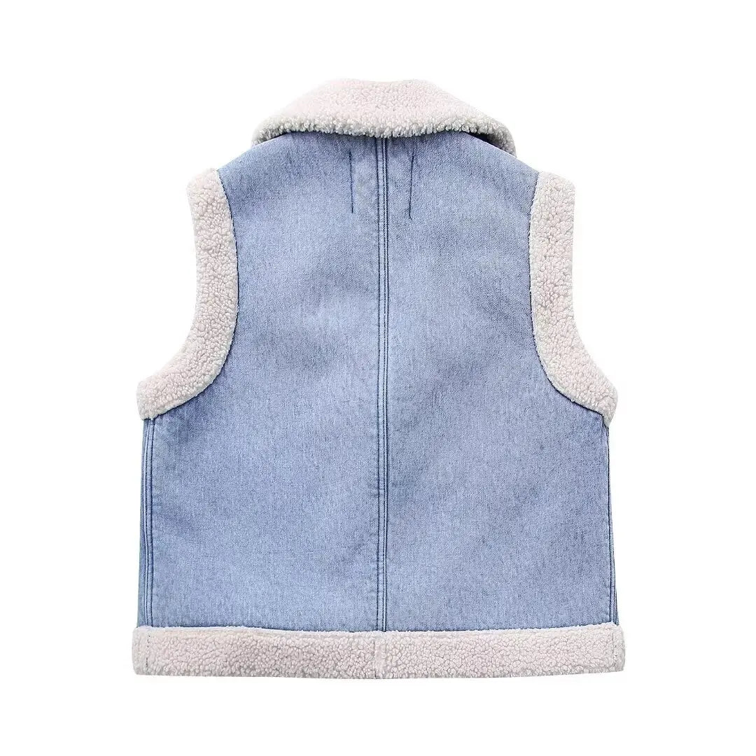 Women Fashion Turn Down Collar Lamb PatchworkWashed Denim Vest Jacket Female Sleeveless Pockets WaistCoat Tops