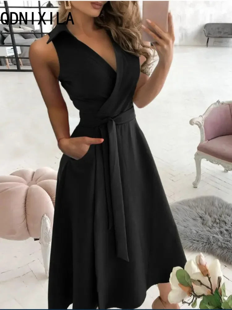 Elegant Chic Shirt Dress Summer New Fashion Sleeveless Sexy Dress V-neck Buttock Dress for Women Office Ladies Party Sundress