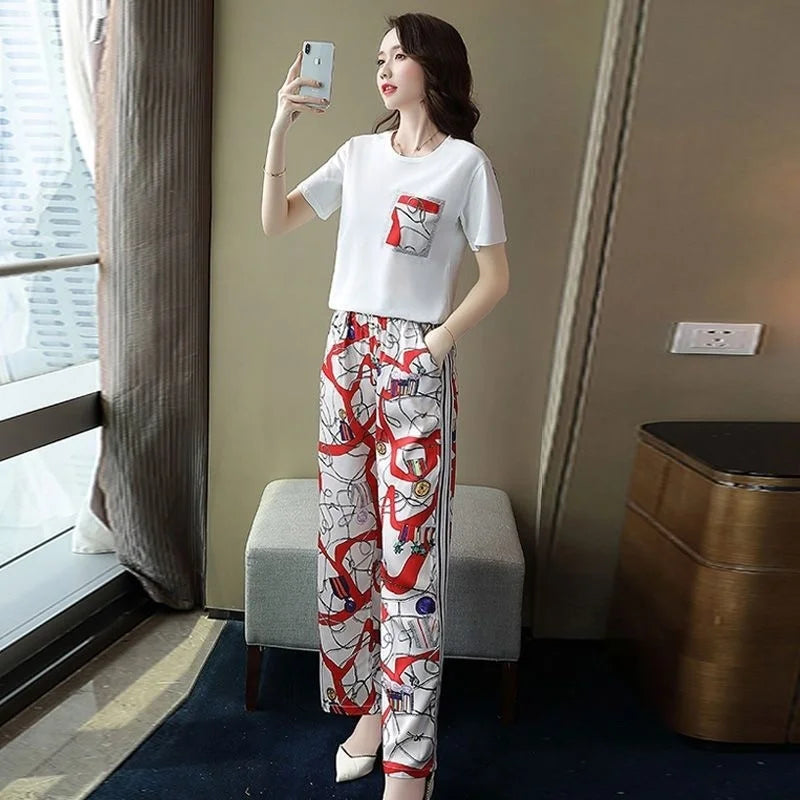 Women Casual Plus Size Clothing Suit 2025 Summer New Fashion Large Korean Short Sleeve Top Wide Leg Pants 2 Two Piece Set Female