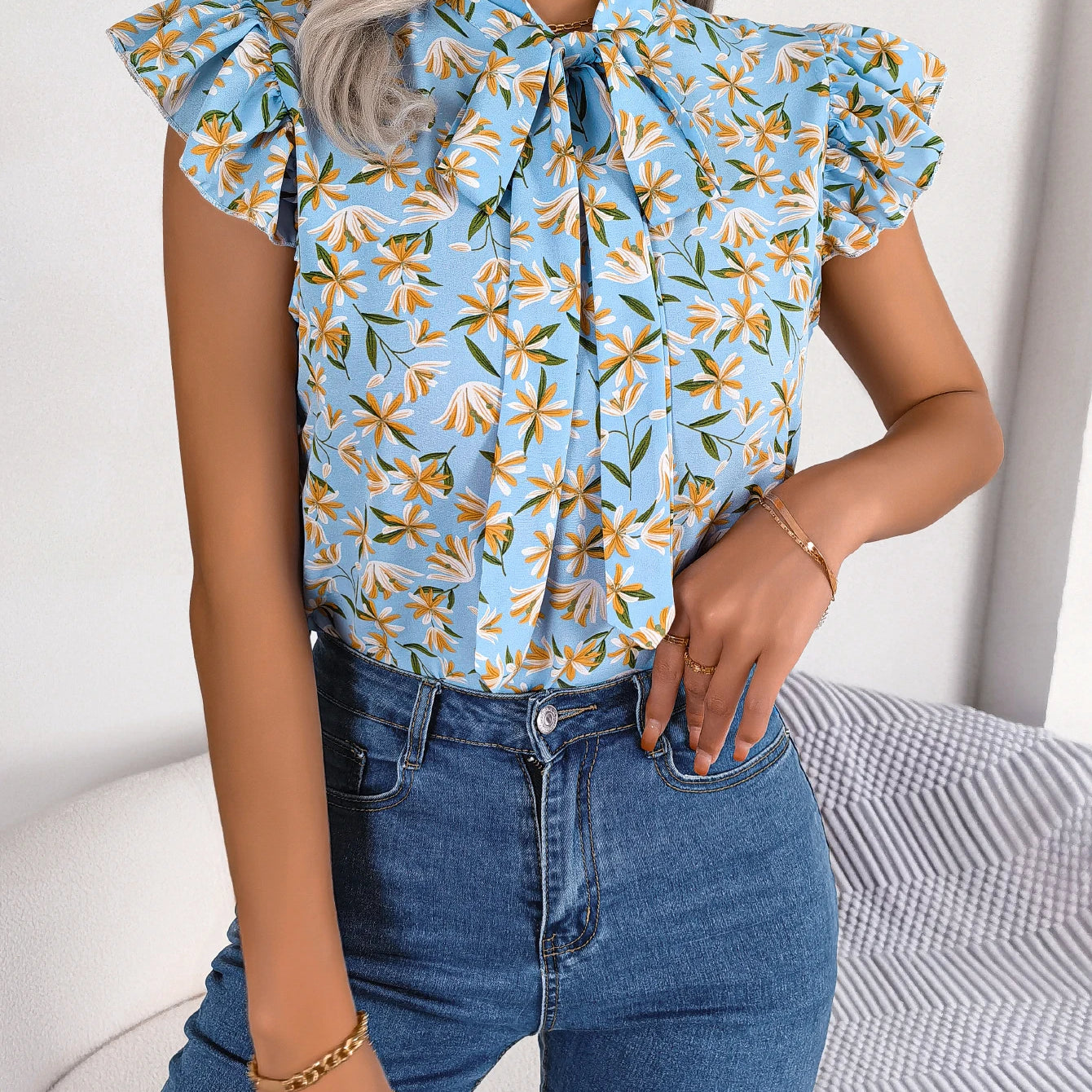 Women Casual Floral Print Bow Ruffles Chiffon Blouse Summer Top SKY BLUE