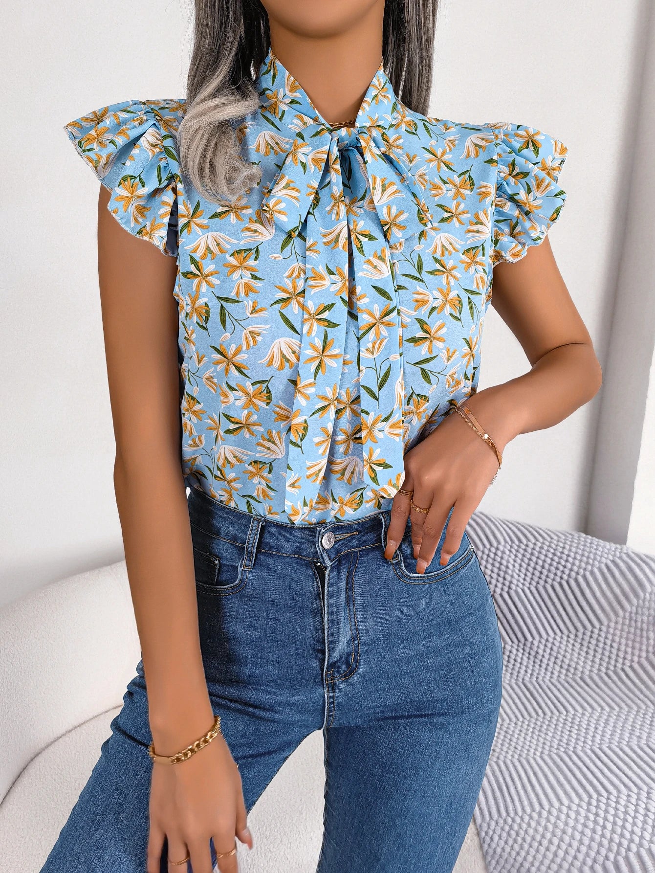 Women Casual Floral Print Bow Ruffles Chiffon Blouse Summer Top SKY BLUE
