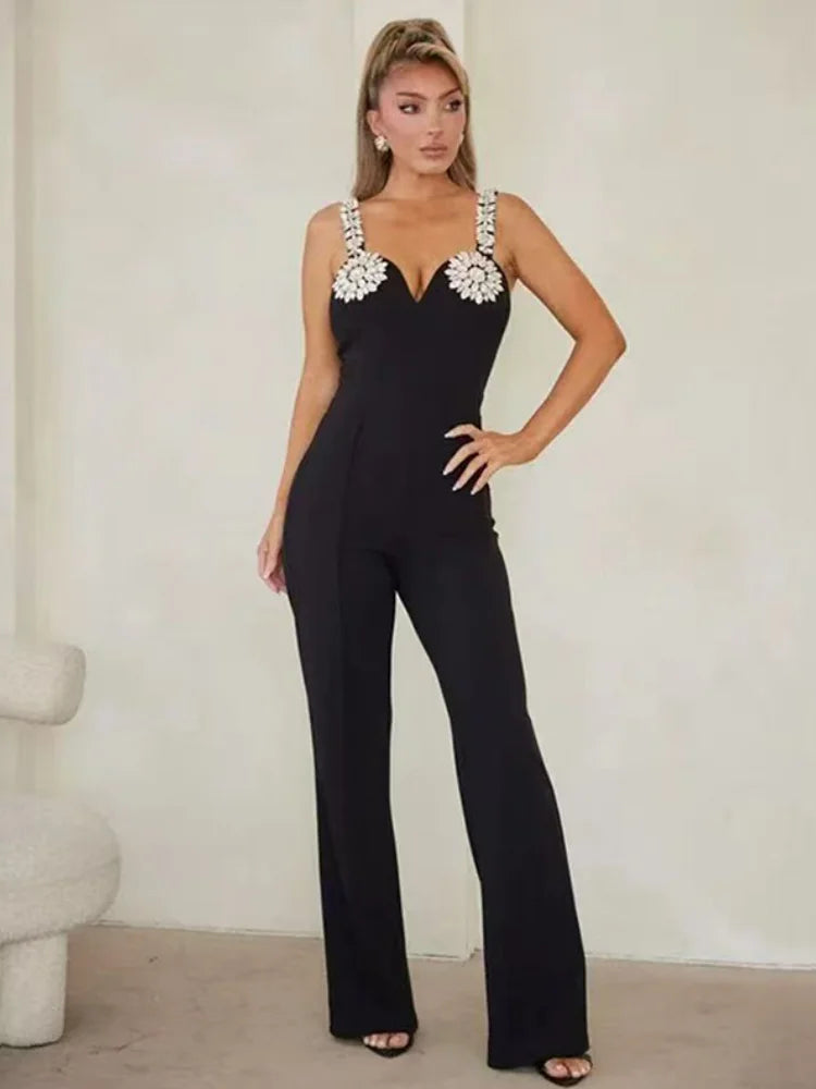 High Quality Shining Diamonds Sexy V-Neck Sleeveless Jumpsuit Graceful Woman Evening Party Outfit