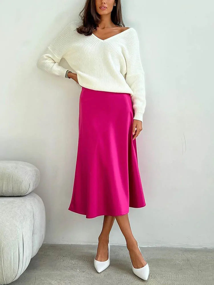 Silk Satin Skirts for Women Korean Style Champagne Office High Waist A-line Skirt Fashion Elegant Solid Long Pencil Skirt 2024 Rose Red