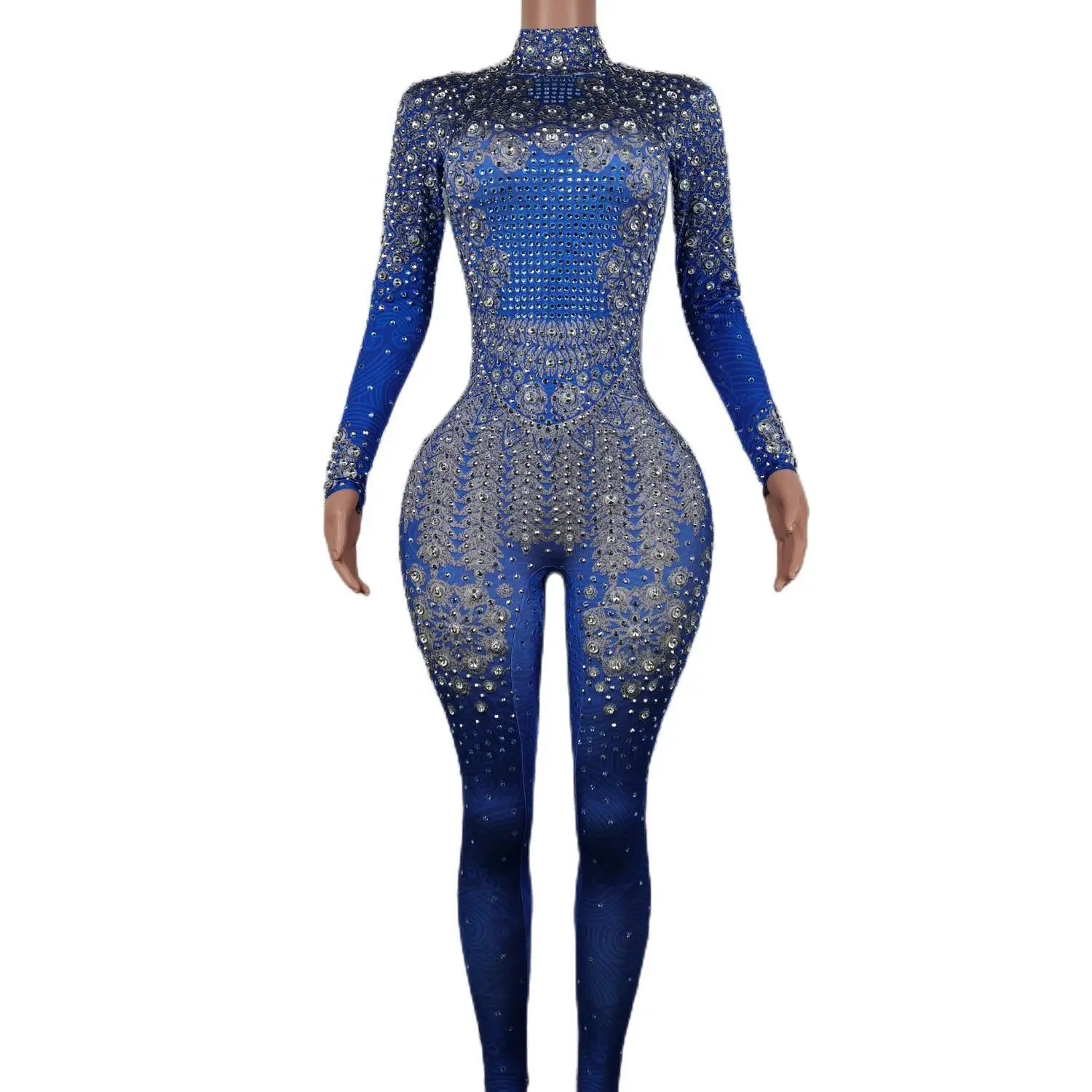 Sparkle Blue Rhinestones Jumpsuit Woman Stretch Leggings Singer Costume Birthday Party Club Stage Outfit Spandex Yatelandisi Blue