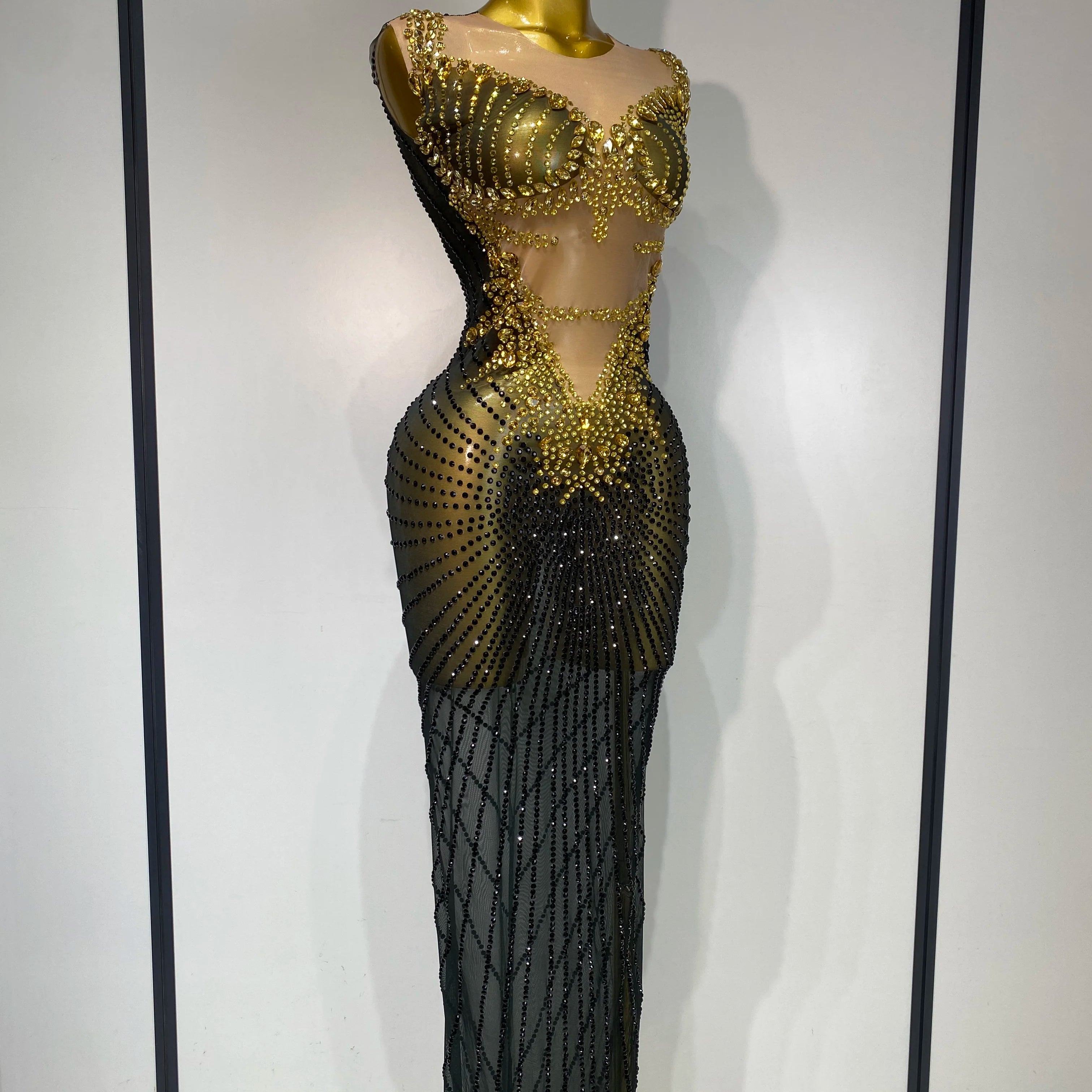 Women Sexy Sparkly Rhinestones Sleeveless Long Dress 2025 Club Birthday Celebrate Evening Photo Shoot Stage Performance Costume