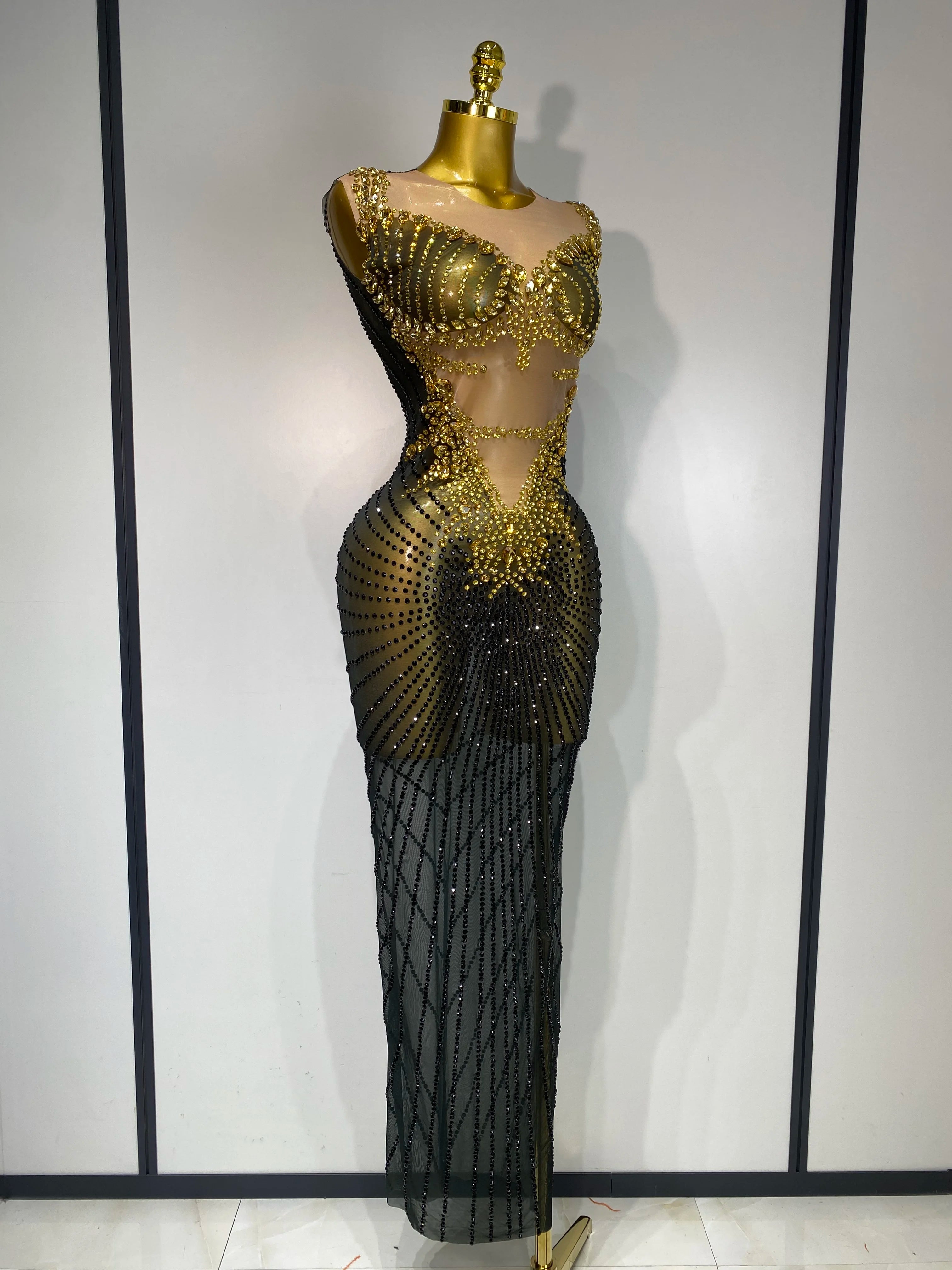 Women Sexy Sparkly Rhinestones Sleeveless Long Dress 2025 Club Birthday Celebrate Evening Photo Shoot Stage Performance Costume