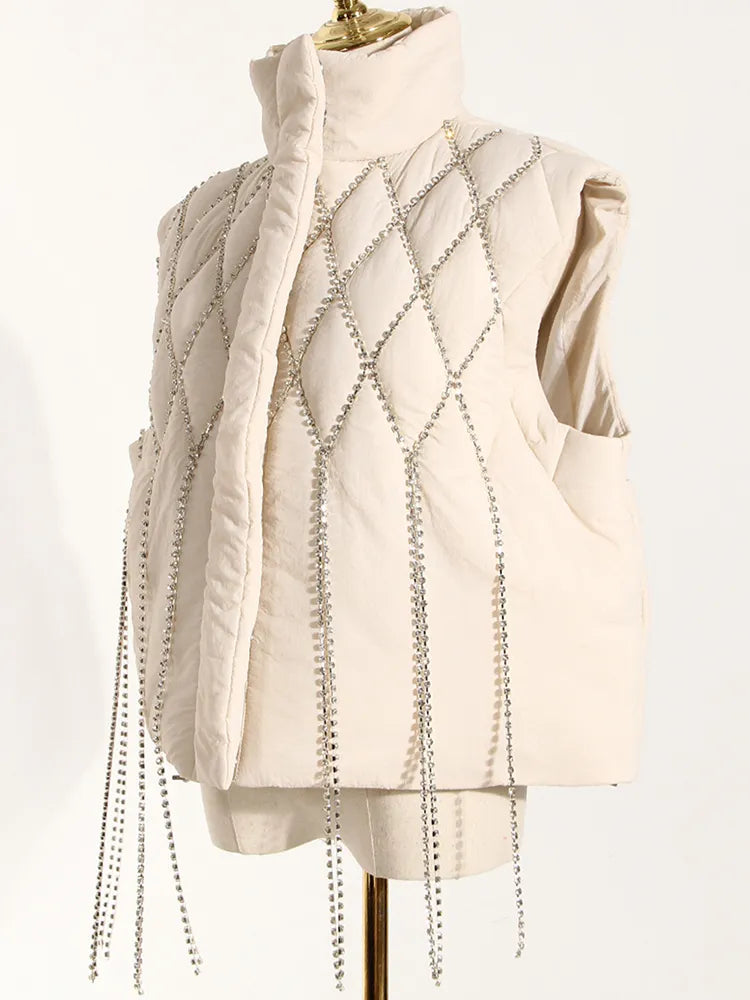 Fashion Women's Waistcoat Loose Stand Collar Single Breasted Sleeveless Plaid Diamonds Tassel Vest Winter