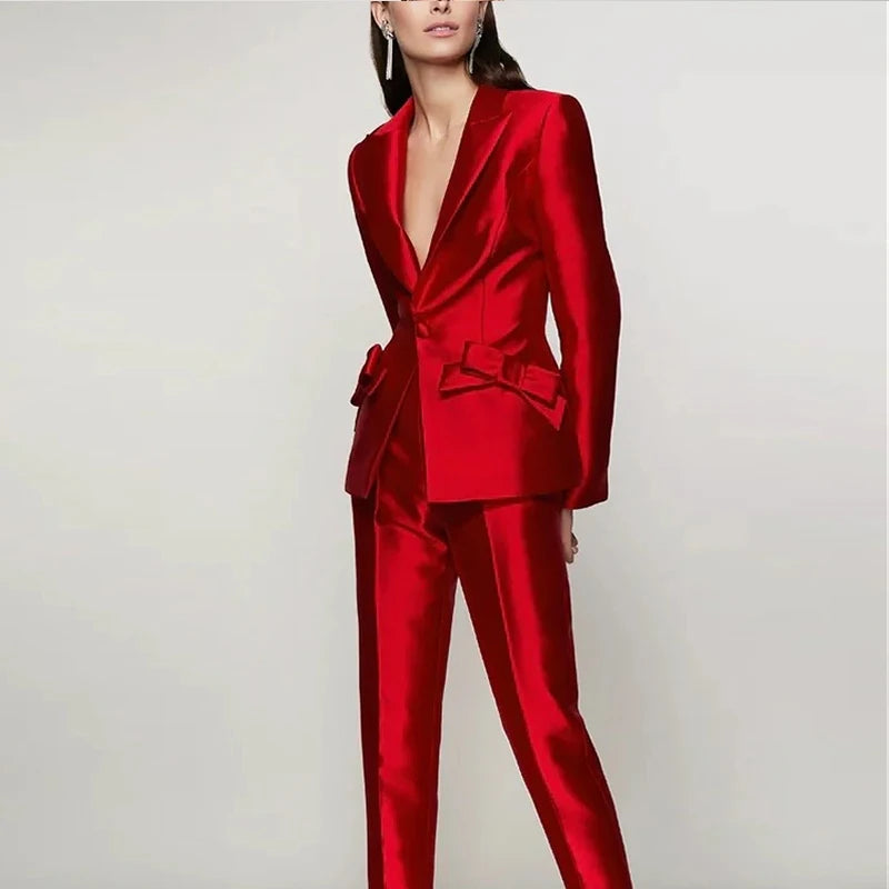 Women Casual Long Sleeve Suit And Pencil Pants Suits Solid Fashion Bright Fabric Sets Office Lady Elegant Bowknot Blazer Outfits 02 Red