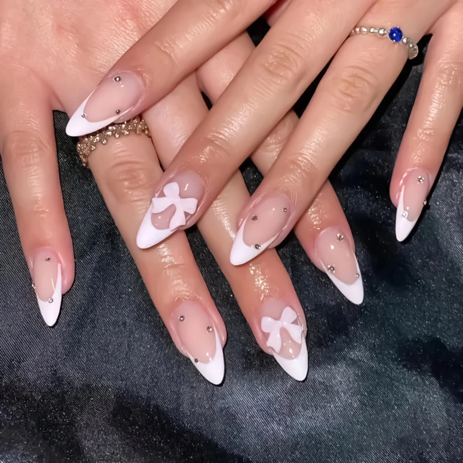 Pink French Style Fake Nails Almond Ballerina Press on Nails 3D Bowknot Designs Nude Color Stick-on False Nails Tips 24Pcs