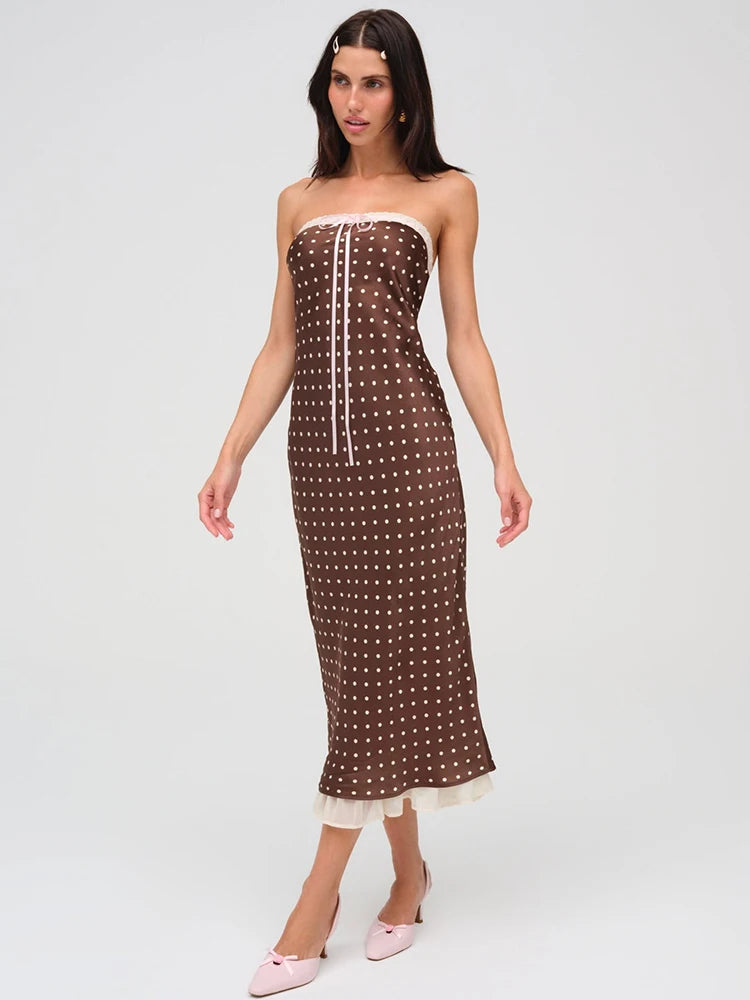 Lace Strapless Backless Sexy Midi Dress For Women Fashion Off-shoulder Sleeveless Bodycon Polka Dot Dress Elegant